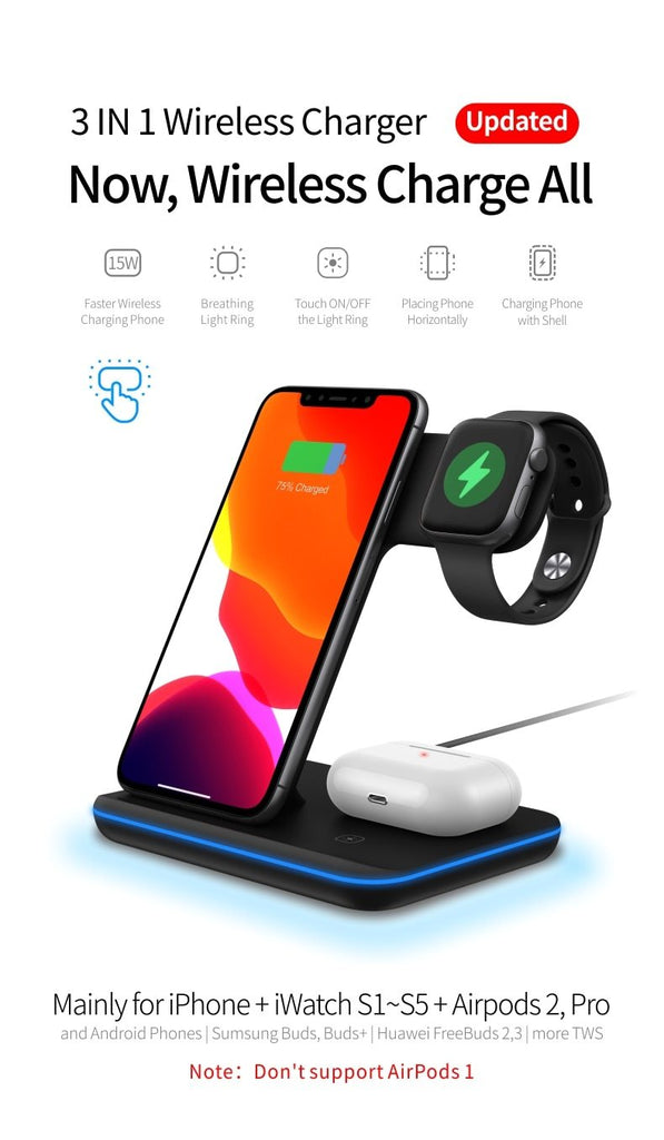 15W 3 in 1 Fast Wireless Charging Station for Mobile Phones