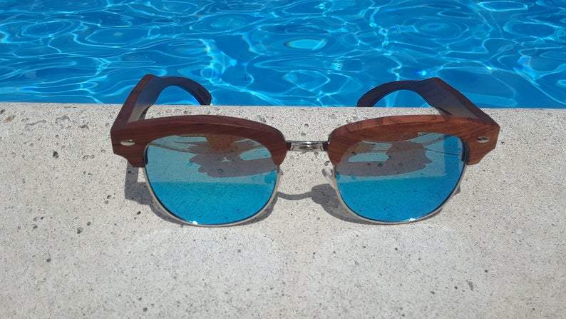 Real Sandalwood Sunglasses, Ice Blue Polarized Lenses - The Trendy Accessories Store