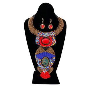 Multi Color Bead Raised Collar Long Bib Necklace Set - The Trendy Accessories Store
