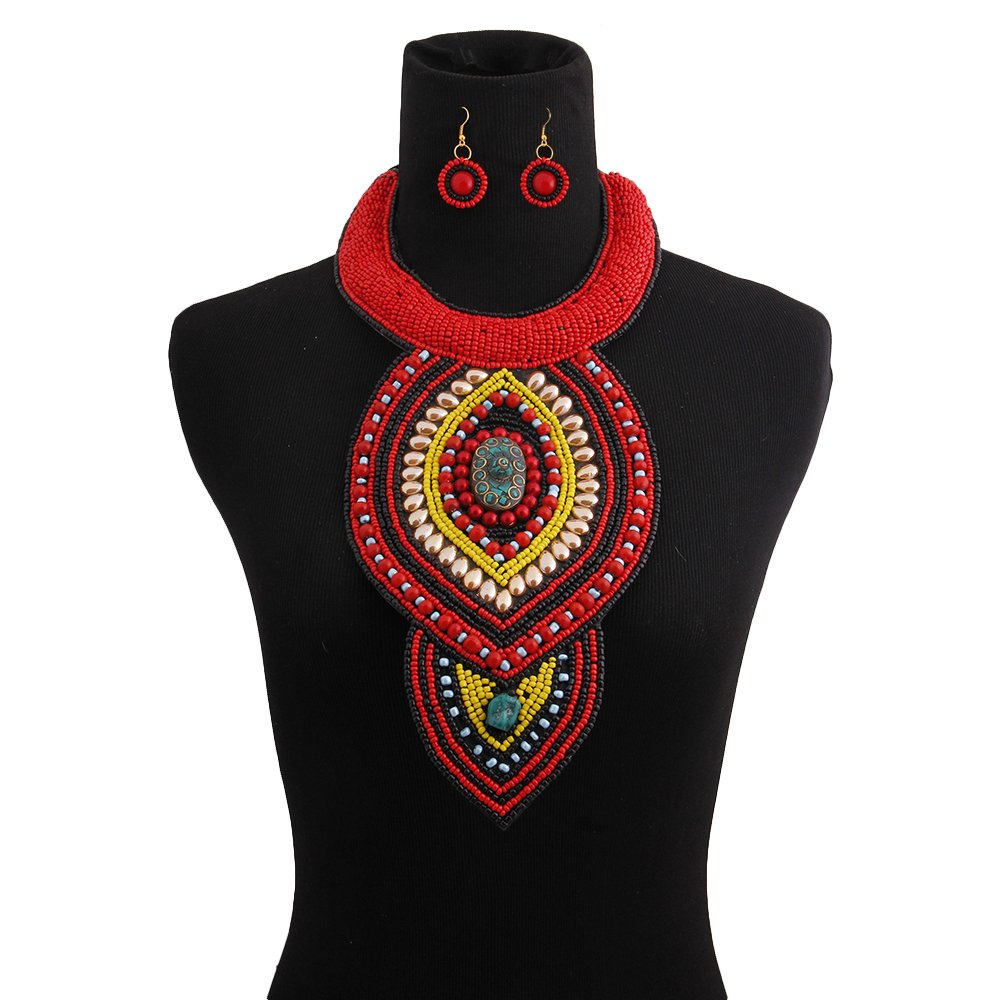 Black and Red Beaded Bib Necklace Set - The Trendy Accessories Store